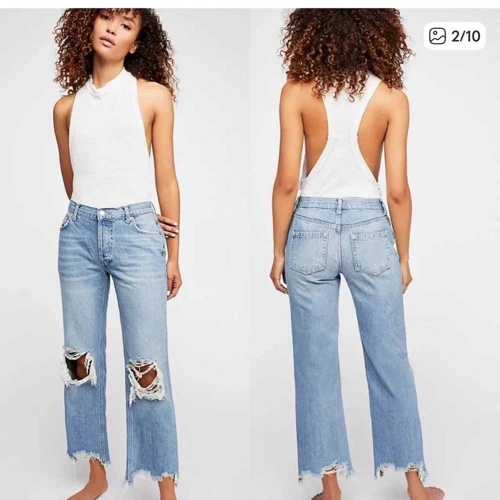 Free People jeans Maggie straight leg with big knee rips and raw hem, size 28